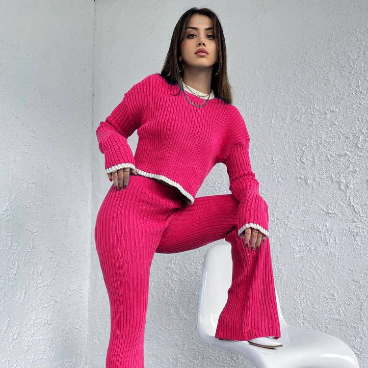 Fashion Knit Sweaters 2 Piece Sets Elegant Outfits for Women Casual Top and Pants Slit Sets Matching Sets Clothes