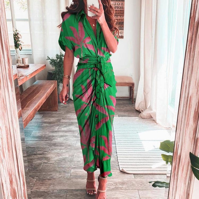 Elegante Damenkleider 2023 Sommer Mode Bedrucktes Kurzarm-Hemdkleid Vintage Taillenschnürung Knopfbandage Langes Kleid Robe