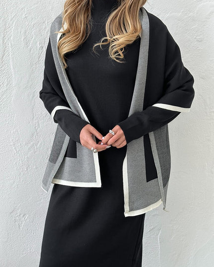 Elegant Knit Two Piece Set Black Brown Shawl Dress Women Knit Suit 2 Piece Sets Women Outfit Winter Knitted Two Piece Women Sets