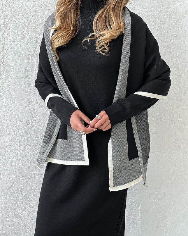 Elegant Knit Two Piece Set Black Brown Shawl Dress Women Knit Suit 2 Piece Sets Women Outfit Winter Knitted Two Piece Women Sets