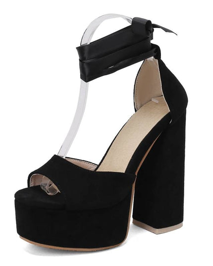 Women Sandals Peep Toe Flock Chunky Heel