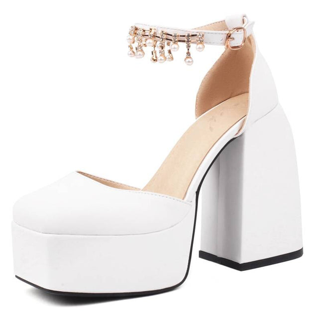 Women Sandals Square Toe Chunky Heels  Buckle Strap Beads Sexy Party Shoes Big Size
