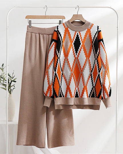 Lozenge Knitted Sweater Matching Set Loungewear Women Pants Suit 2 Piece Tracksuit Knit Two Piece Sets Womens Outifits Winter