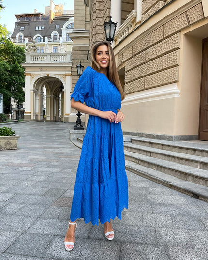 V Neck Elegant Beach Long Dresses Women Short Sleeve Hollow Floral Evening Dresses Ruffle Sexy Maxi Dress For Women Summer 2023