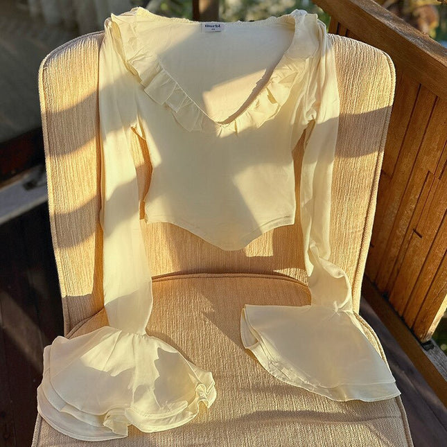 Elegante Rüschen-Detail-Oberteile mit ausgestellten Ärmeln, tiefem Dekolleté, schmalem Bindeband hinten, sexy Y2K-Crop-Tops, einfarbige Kleidung