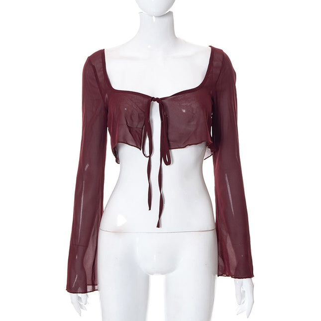 Elegante Netz- 透視-Oberteile und Blusen für Damen, sexy, Sommerhemden, Bluse mit ausgestelltem Ärmel zum Binden, Oberteile, Kleidung