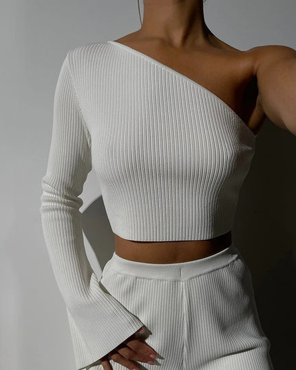 Autumn Asynnetrical Knit Long Sleeve Slim Tops for Women Fashion Solid Y2K Cropped Top Tees T-Shirts Basic Clothes