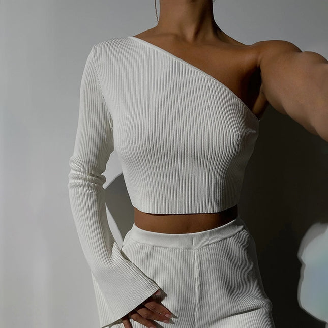 Herbst Asymmetrische Strick-Langarm-Slim-Tops für Damen Mode Einfarbige Y2K Cropped Top T-Shirts Basic Kleidung
