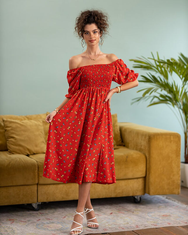 Schlitzkleider Blau Pink Rot Blumen Boho Sommer Lange Damenkleider Schulterfrei Sexy Strand Maxikleider für Damen 2023