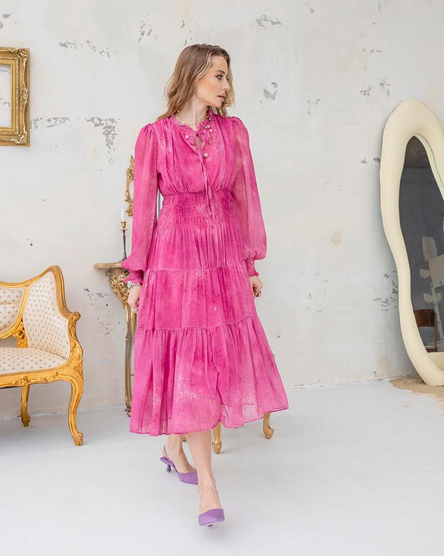 Rüschen Langarm Chiffon Maxikleider Bandage Sexy Damen Boho Strandkleid Elegantes Plissiertes Sommer Langes Kleid Für Frauen 2023