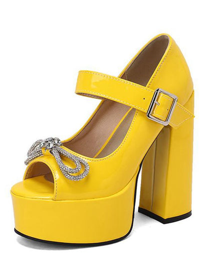 Women Sandals Peep Toe Block Heels Crystal Bowknot Buckle Strap Sexy Party Shoes Big Size
