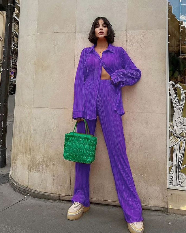 Autumn Pleated Women's Sets Top and Pants Casual Fashion Outfits Two Piece Set Loose Button Up Shirts Matching Set