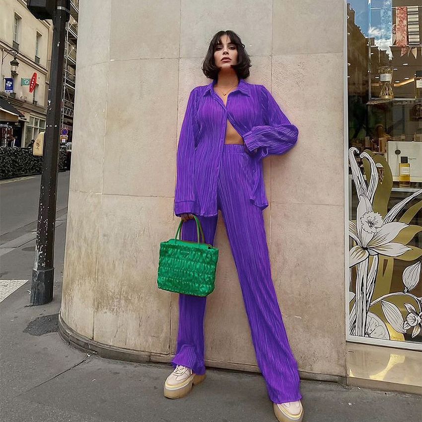 Autumn Pleated Women's Sets Top and Pants Casual Fashion Outfits Two Piece Set Loose Button Up Shirts Matching Set