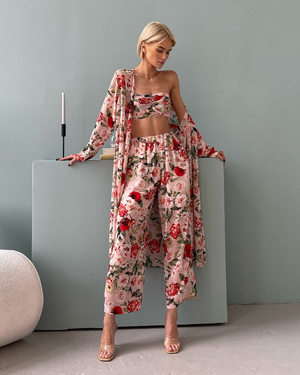 3 Pieces Set Outfits Women Wrap Chest Cardigan Pants Suit 3 Piece Sets Summer Floral Chiffon Sexy 3 Piece Matching Set For Women