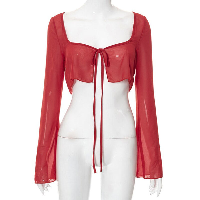 Elegante Netz- 透視-Oberteile und Blusen für Damen, sexy, Sommerhemden, Bluse mit ausgestelltem Ärmel zum Binden, Oberteile, Kleidung