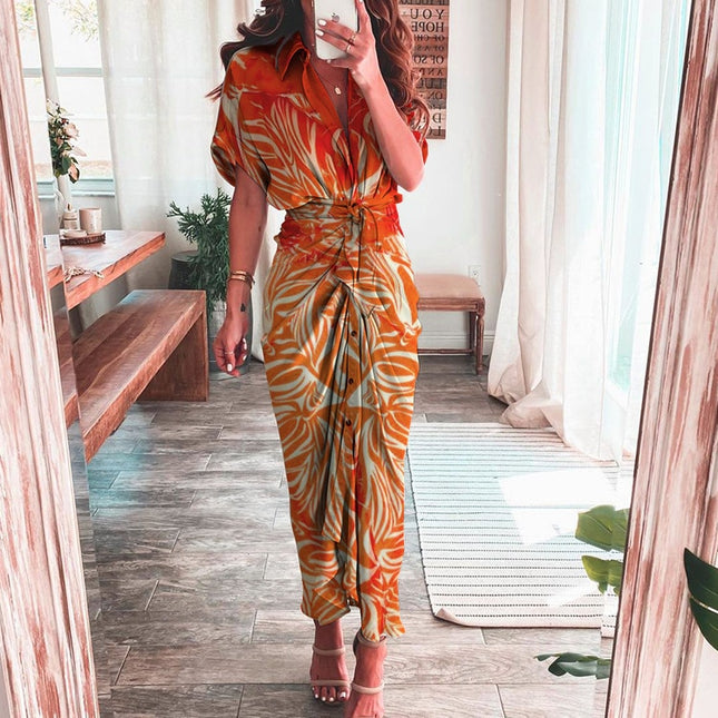 Elegante Damenkleider 2023 Sommer Mode Bedrucktes Kurzarm-Hemdkleid Vintage Taillenschnürung Knopfbandage Langes Kleid Robe
