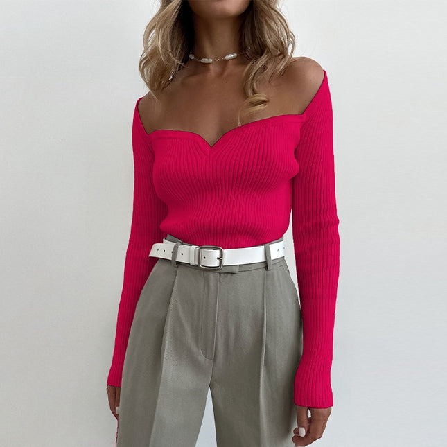 Elegante Damen-Oberteile mit eckigem Ausschnitt, modische Strick-Langarm-Oberteile, schmale, lässige Frühlings- und Herbstkleidung für das Büro