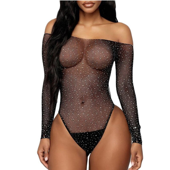 Porr Babydoll Rhinestone Lingerie Dam Fiskmönstrad Sexiga Underkläder Plus Size Exotiska Strumpbyxor Nät Transparent Nallebjörn Erotisk