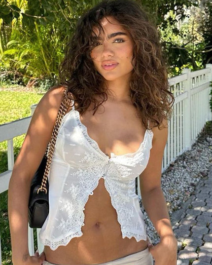 Summer Hollow Out Lace Sleeveless Tops for Women Elegant Sexy White Camis Top Single Breasted Cardigans Clothes