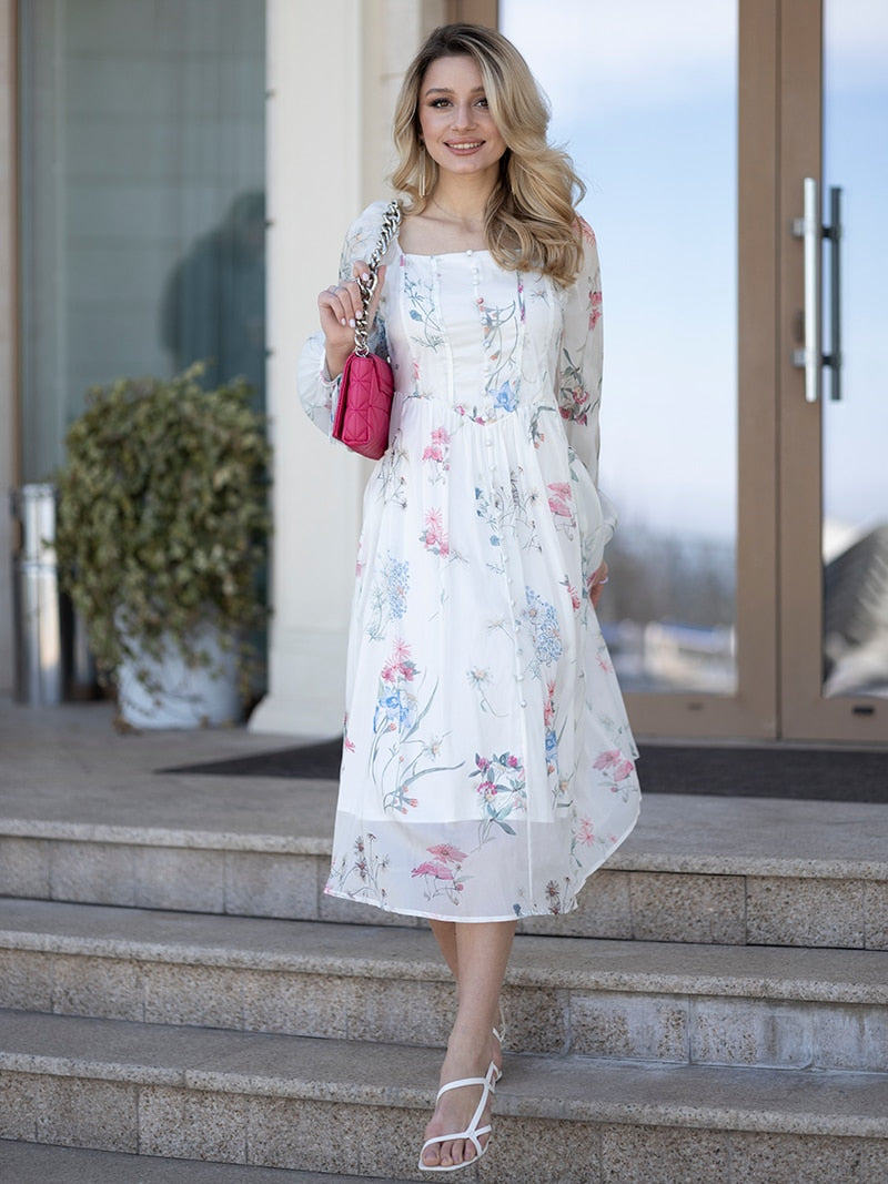 Summer Floral Chiffon Maxi Dress - Elegant White Beach Bodycon for Women