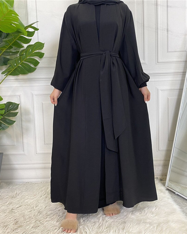 Mode Einfache Elastische Ärmel Djellaba Muslimisches Kleid Dubai Durchgehendes Weiches Abaya Dubai Türkei Muslimischer Islam Robe mit Gürtel