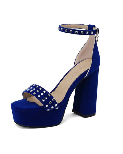 Women Sandals Peep Toe Flock Suede Block Heels  Buckle Strap Crystal Big Size