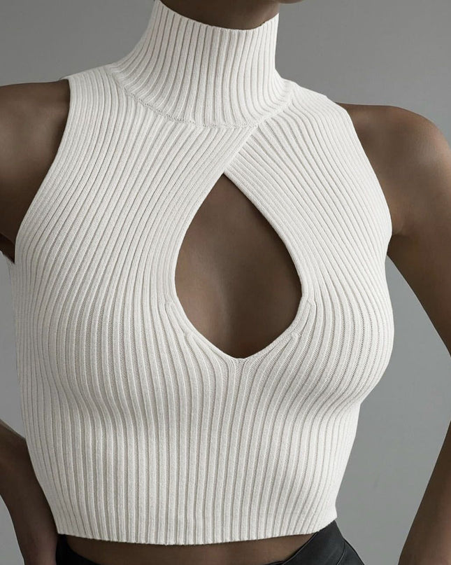 Elegantes, sexy Cut-Out-Top für Damen, modisches, ärmelloses, gestricktes, kurzes Tanktop, Rollkragen, Club, Party, Sommerkleidung