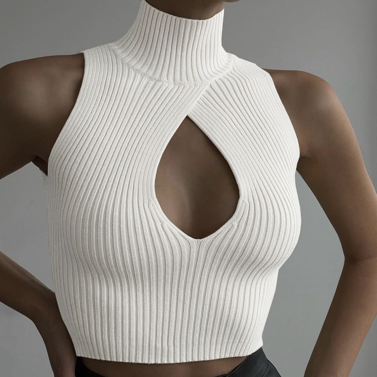 Elegant Sexy Cut Out Top for Women Fashion Sleeveless Knitted Short Tank Top Turtleneck Club Party Summer Clothes