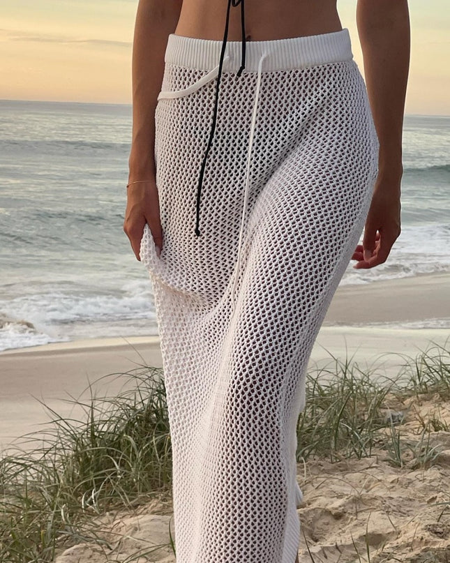 Elegant Hollow Out Knitted White Maxi Skirts for Women Fashion Outfits Holiday Beachwear Skirt Bottoms See Through