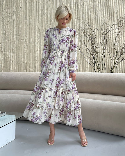 Elegante plissierte Langarm Chiffon Abendkleider Damen Rosa Blau Schwarz Weiß Floral Strand Lang Maxikleid Sommerkleid Frauen 2023