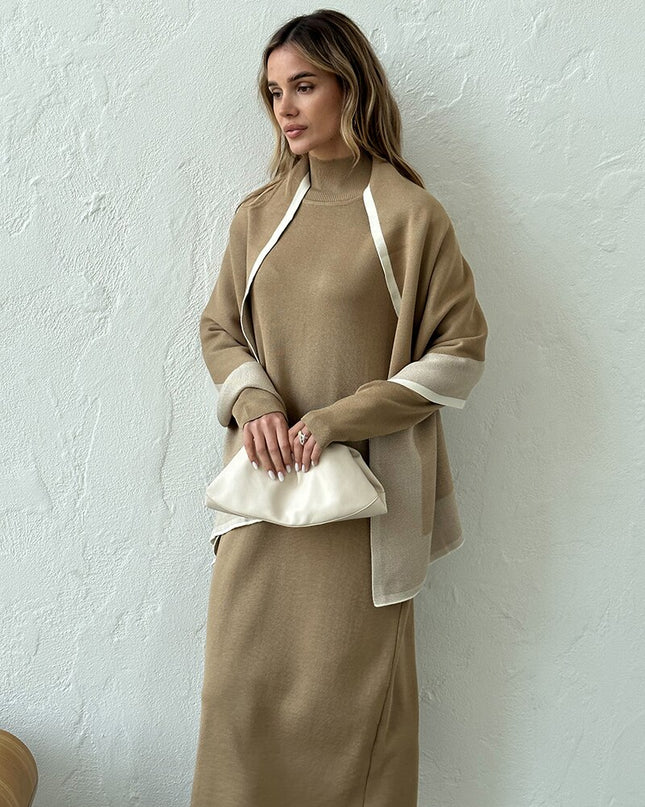 Elegant Knit Two Piece Set Black Brown Shawl Dress Women Knit Suit 2 Piece Sets Women Outfit Winter Knitted Two Piece Women Sets