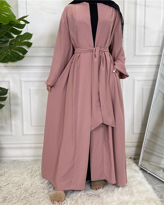 Mode Einfache Elastische Ärmel Djellaba Muslimisches Kleid Dubai Durchgehendes Weiches Abaya Dubai Türkei Muslimischer Islam Robe mit Gürtel