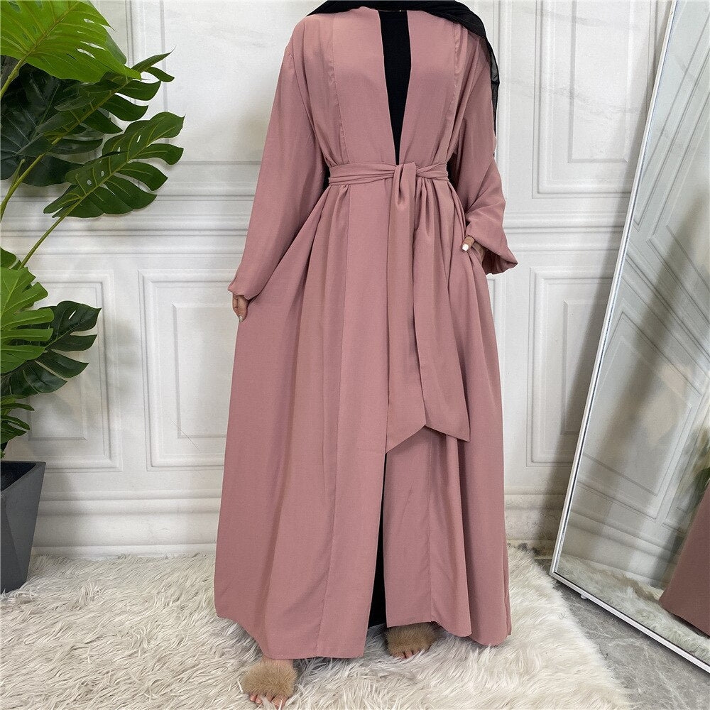 Fashion Simple Elastic Sleeved Djellaba Muslim Dress Dubai Full Length Soft Abaya Dubai Turkey Muslim Islam Robe With Belt