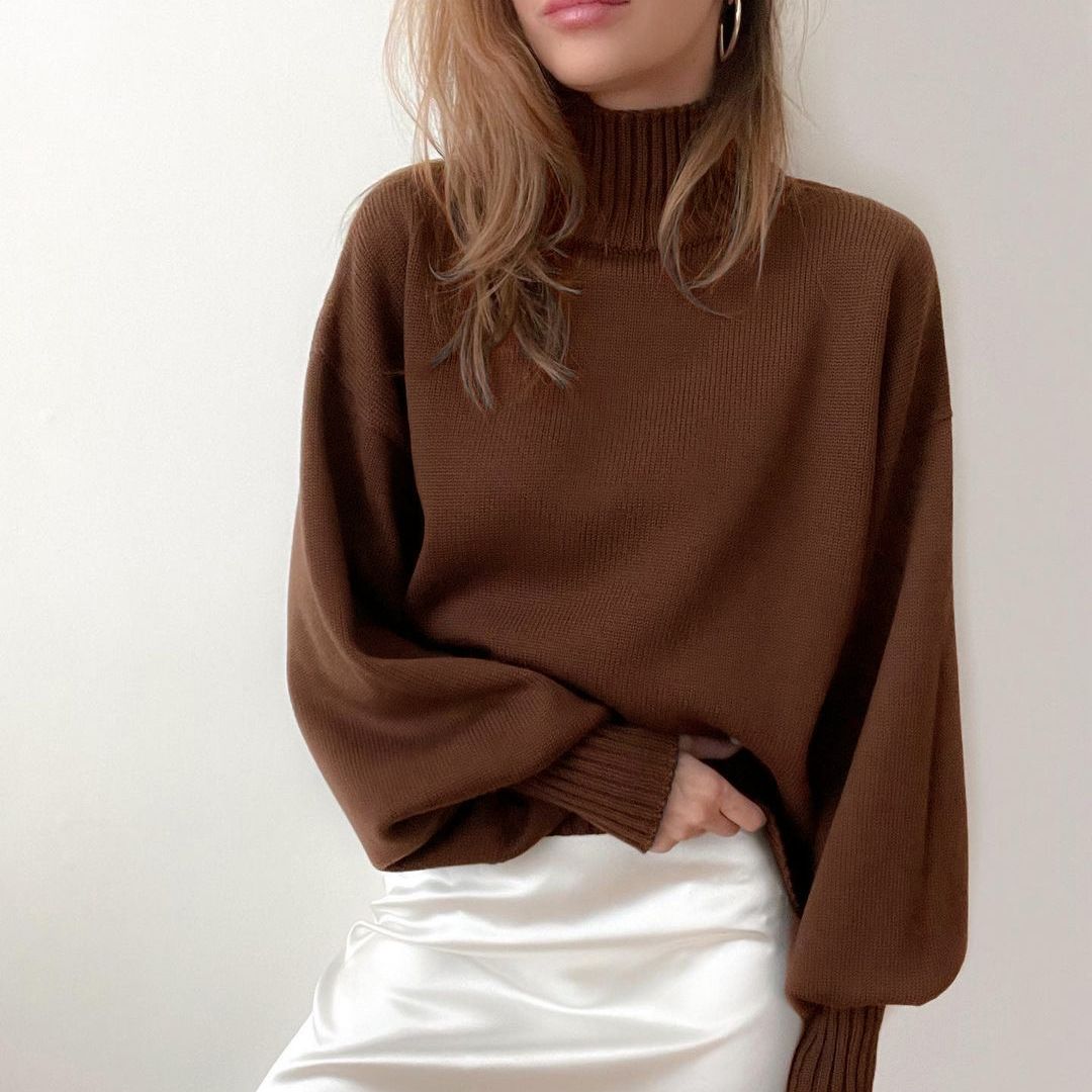 Fall Winter Knitted Puff Sleeve Sweaters for Women Pullovers Turtleneck Sweater Top Casual Fashion Outfits Clothes