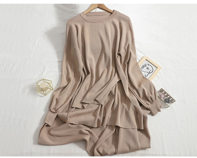 Casual Two Piece Women Knitted Set Wide Leg Pants Suit Sweater Sets Womens Outfits Knit 2 Piece Tracksuit Matching Set Women