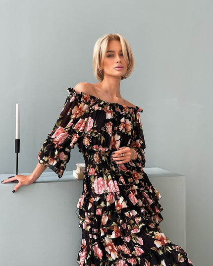 Chiffong Blommiga Volanger Plisserade Långklänningar för Kvinnor Eleganta Damers Sommar Strandklänning Långärmade Blommiga Maxiklänningar för Kvinnor