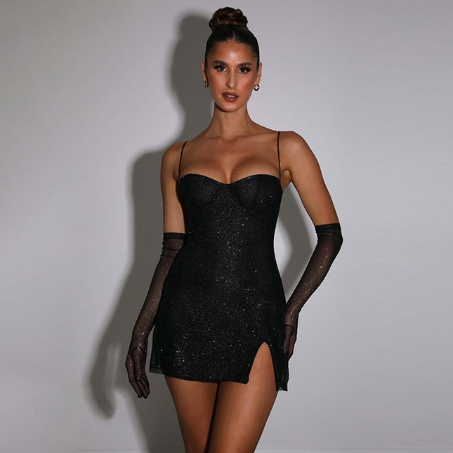 Elegant Glitter Slit Mini Dress for Women Party Club Fashion Outfits Spaghetti Strap Sexy Short Dresses Clothes