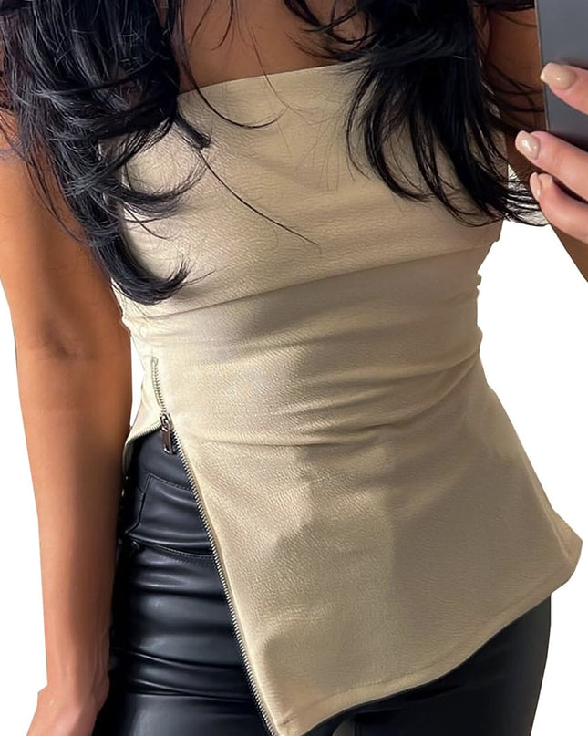 Elegantes trägerloses Crop Top mit Kettenschlitz für Damen Fashion Outfits Sommerurlaub Ärmellose rückenfreie Tank Tops
