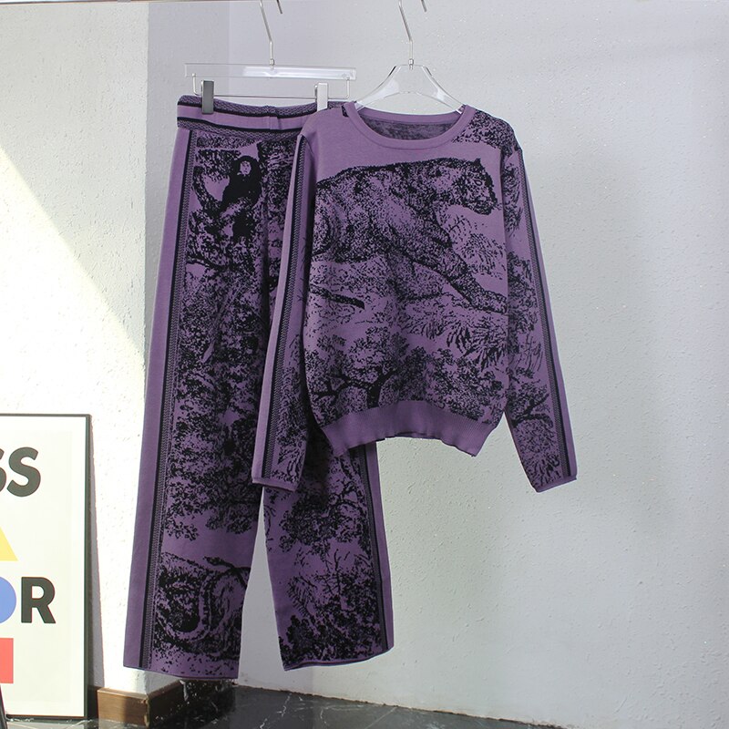 Ink Tiger Knit Two Piece Set Casual Winter Loungewear Tracksuit Women Sweater Matching Sets 2 Piece Knit Pants Sets For Women