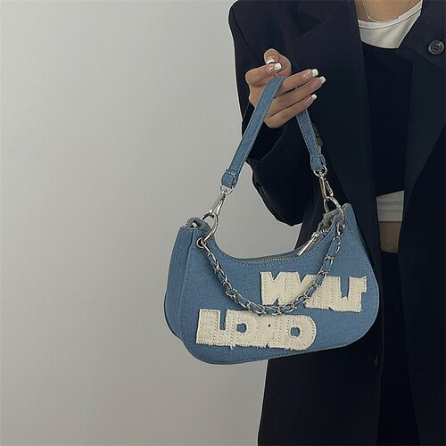 Vintage Denim Shoulder Bag for Women Fashion Chain Small Tote Hobos Underarm Bags Letter Design Female Cool Girls Messenger Bag