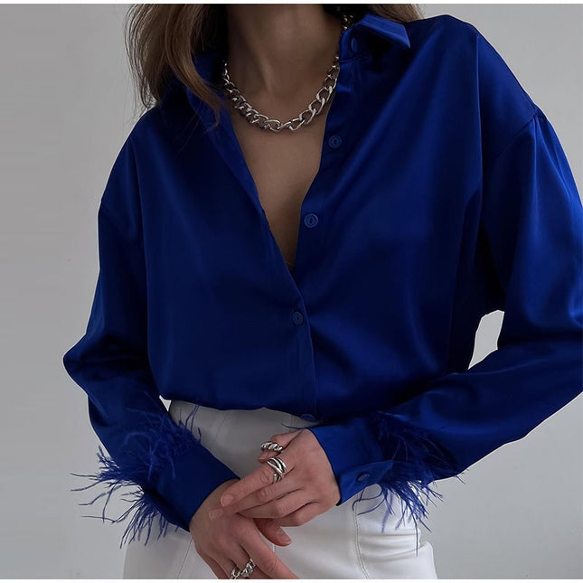 Elegante Damenblusen mit Federn, lässige modische Herbst-Oberteile, Button-Up-Satinblusen