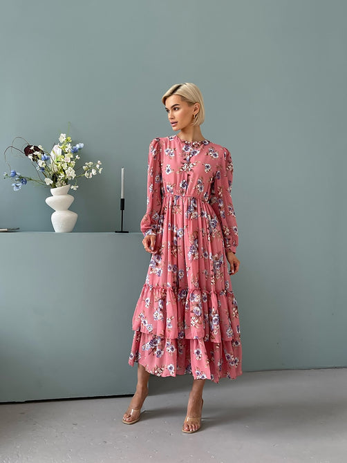 Elegant Pleated Long Sleeve Chiffon Evening Dresses Women Pink Blue Black White Floral Beach Long Maxi Summer Dress Women 2023