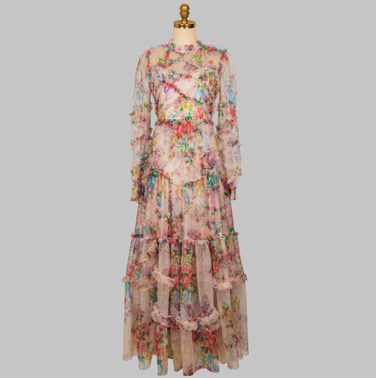 Boho Summer Floral Formal Occasion Evening Prom Dresses Long Sleeve Elegant Sexy Lace Maxi Long Cocktail Party Dresses For Women