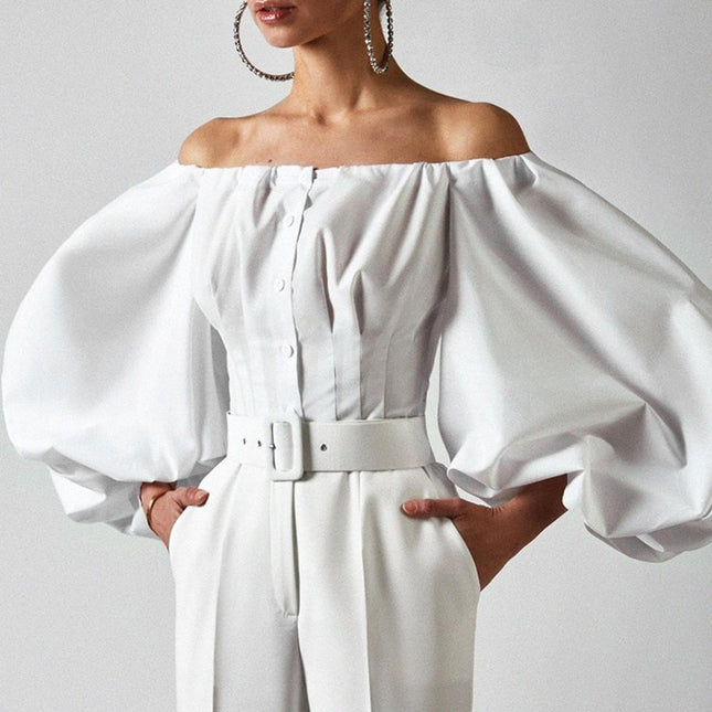 Off Shoulder Laternenärmel Sexy Damen Oberteil und Blusenhemden Knöpfbare Rückenfreie Crop Tops Mode Blusen Mujer