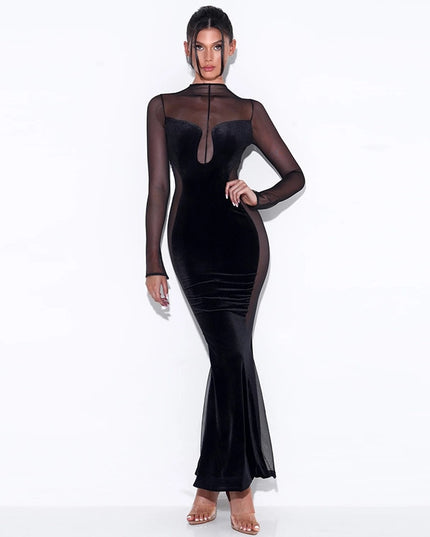 Samt-Mesh-Sheer-Langarm-Sexy-Abendkleid-Maxikleid für Frauen Mode-Outfits Rückenfreie-Kleider Party-Club-Kleidung