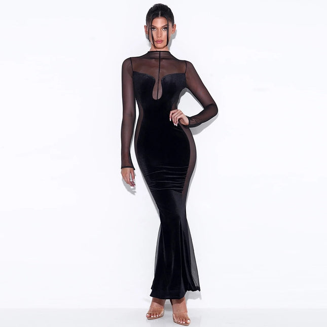 Samt-Mesh-Sheer-Langarm-Sexy-Abendkleid-Maxikleid für Frauen Mode-Outfits Rückenfreie-Kleider Party-Club-Kleidung