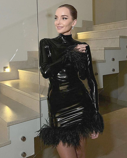 Autumn Black PU Leather Feathers Mini Dress for Women Fashion Outfits Sexy Bodycon Dresses Party Club Clothes