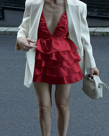 Elegantes, sexy, rückenfreies Mini-Lagenkleid für Damen zum Geburtstag, für Abschlussball, Abend, Sommer, Trägerkleid, Stufenkleid, Vestidos