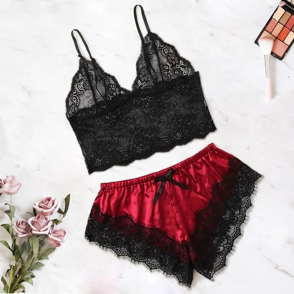 Ladies Sexy Pajamas Satin Pajamas Set Silk Lace Casual Two Piece Slings Fashion Solid Color Lingerie Women's Sexy Pajamas