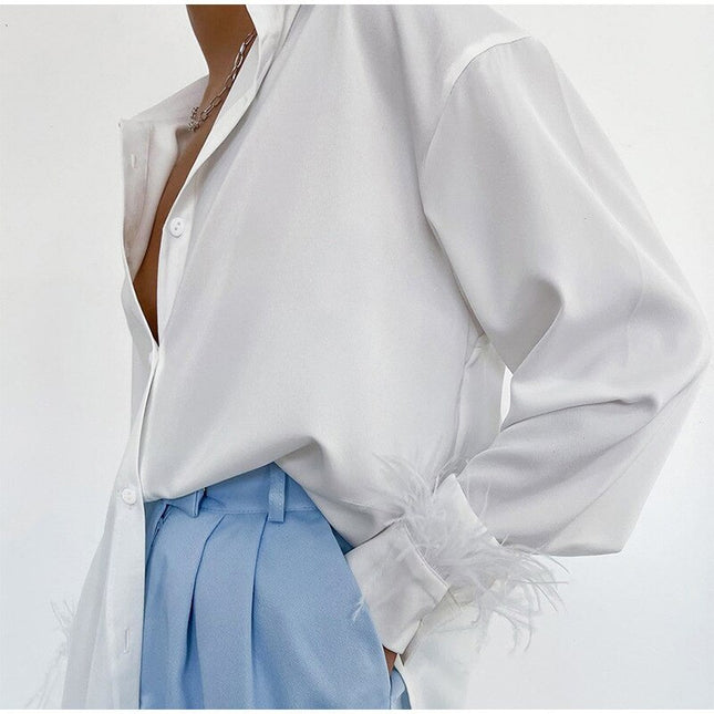 Elegante Damenblusen mit Federn, lässige modische Herbst-Oberteile, Button-Up-Satinblusen